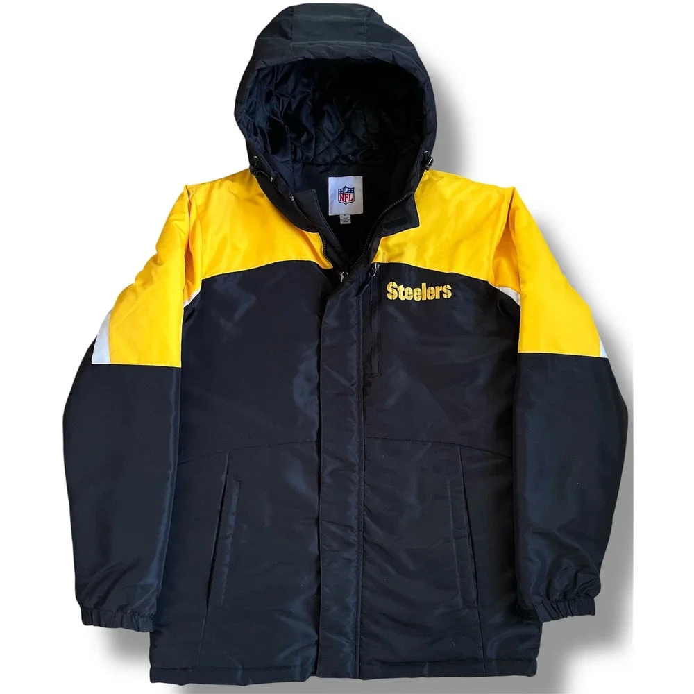 NFL Pittsburgh Steelers Mens Hooded Parka Jacket Black‎ Yellow Medium Full Zip
